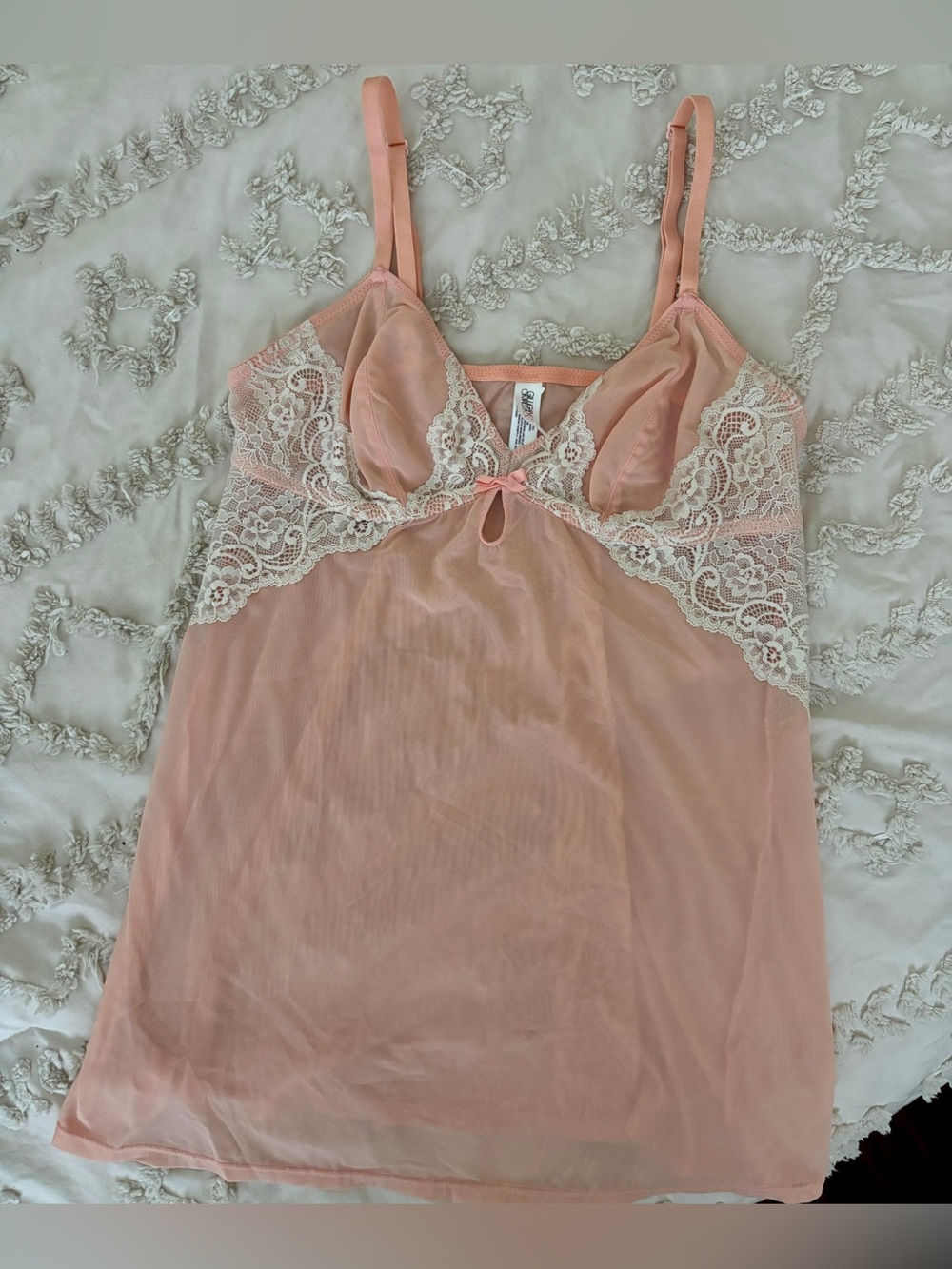 Gilligan & O'Malley Peach and White Lace Chemise Camisole Nightie Top Sheer Mesh